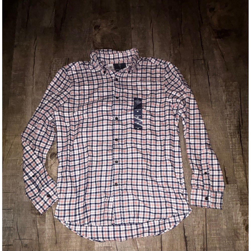 St Johns Bay Mens Flannel Shirt Medium Orange Navy Blue Plaid Classic Fit NWT